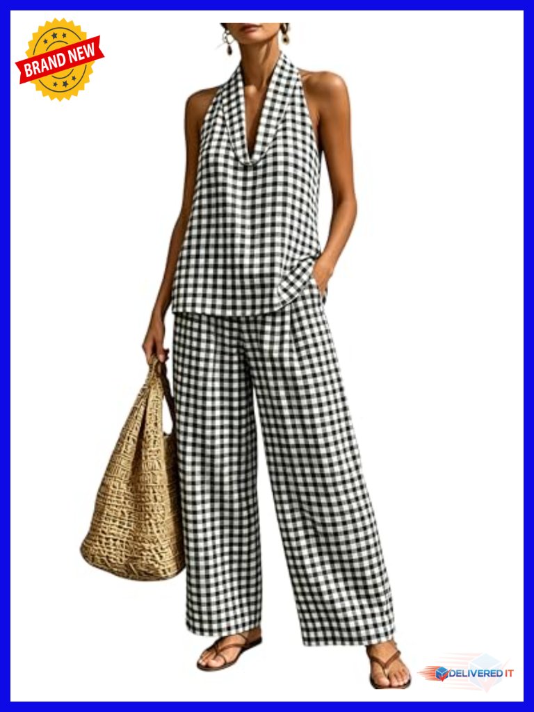 Gingham 2 Piece Set Halter Top High Waist Pants Casual Cotton Outfits With